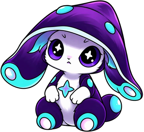 Orby, Orbit's mascot: a little purple and white creature with a mushroom-cap hood and starry eyes